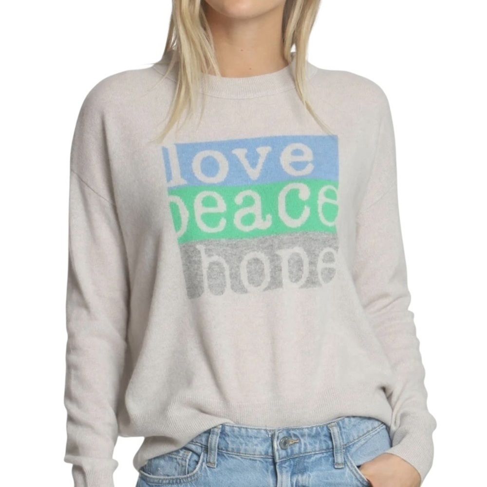 Label & Thread Stone Cream Cashmere Sweater with Love Peace Hope Design